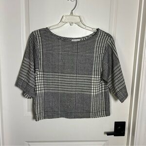 Vintage COS COB Black White Plaid Boxy 3/4 Sleeve Top Sz S Retro Secretary Geek